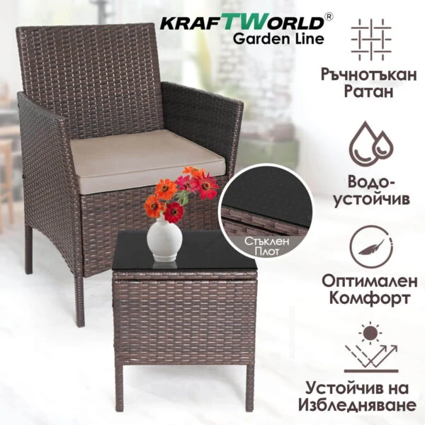 Луксозен Ратанов Комплект 2 Кресла и Маса Kraftworld Garden два стола и маса – UV и водоустойчиви
