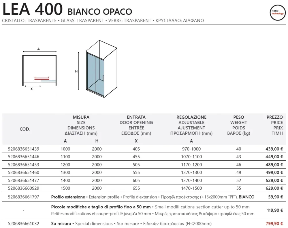 Lea 400 Bianco - 97-100 см. - профил бял мат