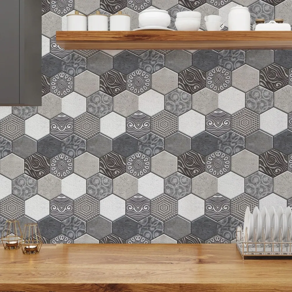 10 X 3D шестоъгълни мраморно сиви самозалепващи плочки | MarmoDecor