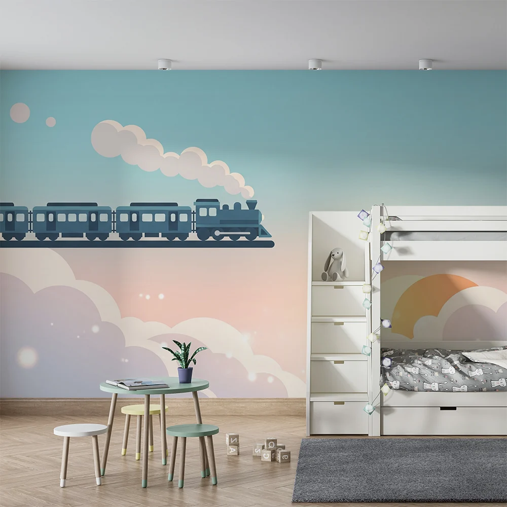 Papel de parede crianç | Цветен влак, пътуващ през облаците