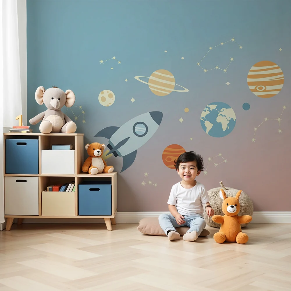 Papel de parede crianç | Космическо пътешествие с ракета и цветни планети