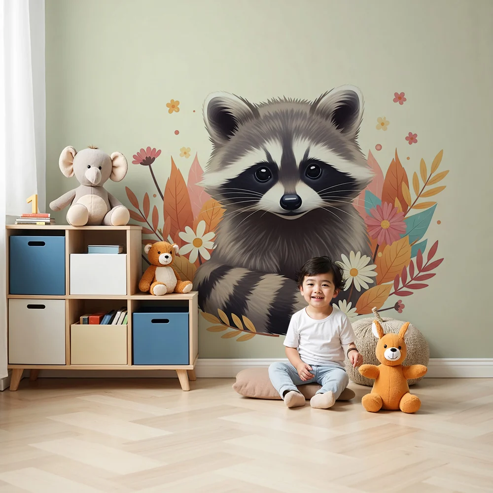 Papel de parede crianç | Симпатична енот околоцветя и оцветени листа