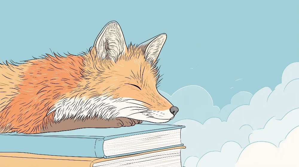 Papel de parede crianç | Спяща лисица върху книги под синьо небе