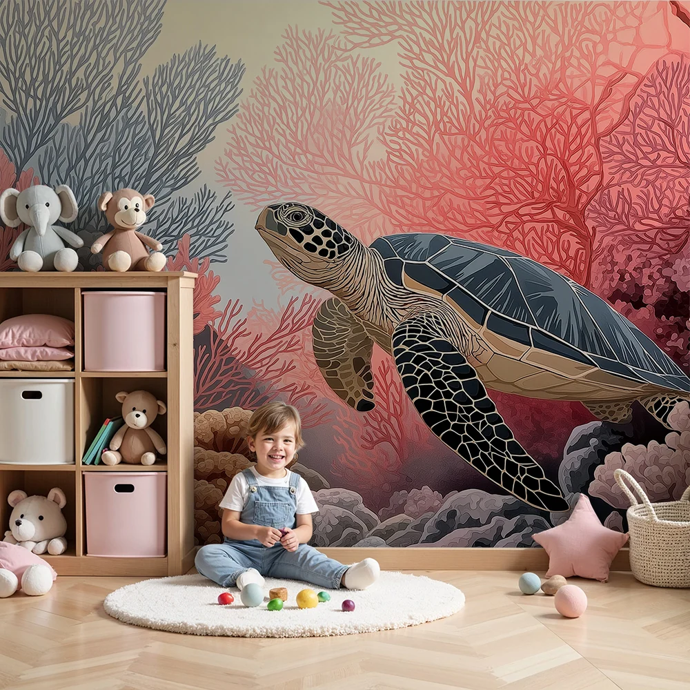 Papel de parede crianç | Морска костенурка, развиваща се сред цветните корали