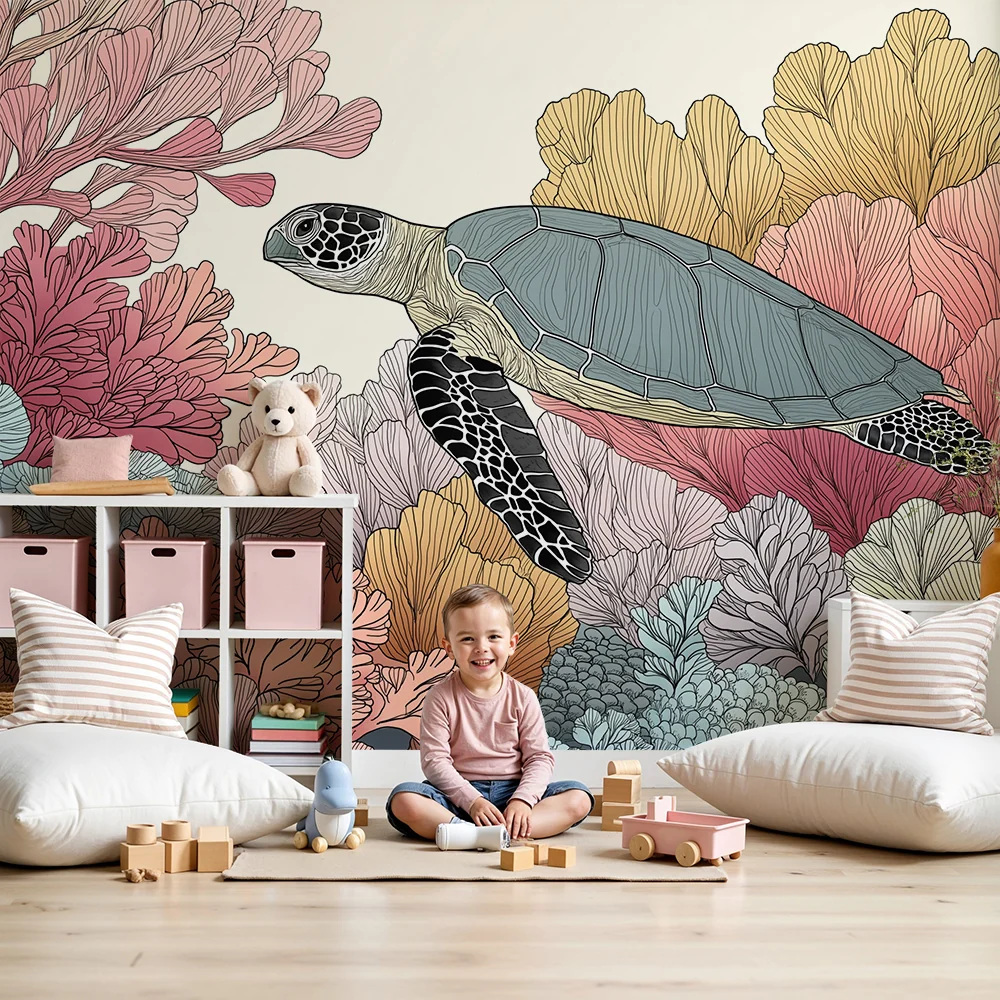 Papel de parede crianç | Костенурка плува сред цветните корали