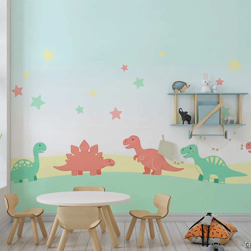 Papel de parede crianç | Светли цветни весели динозаври под звездно небе