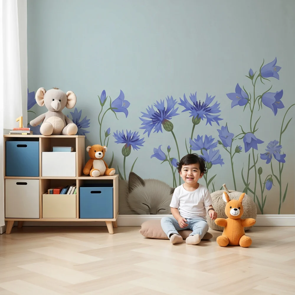 Papel de parede crianç | Коте заспало сред сините цветя