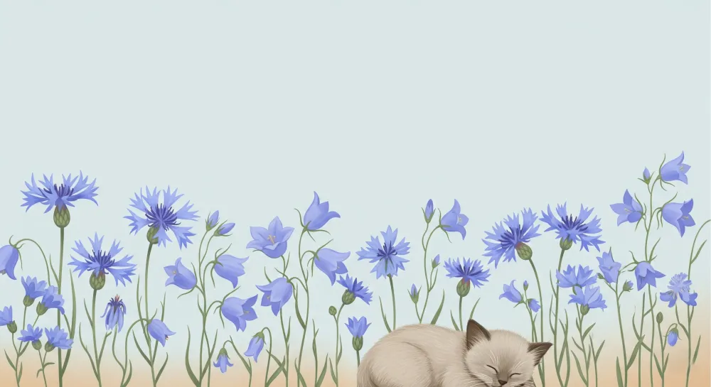 Papel de parede crianç | Коте заспало сред сините цветя