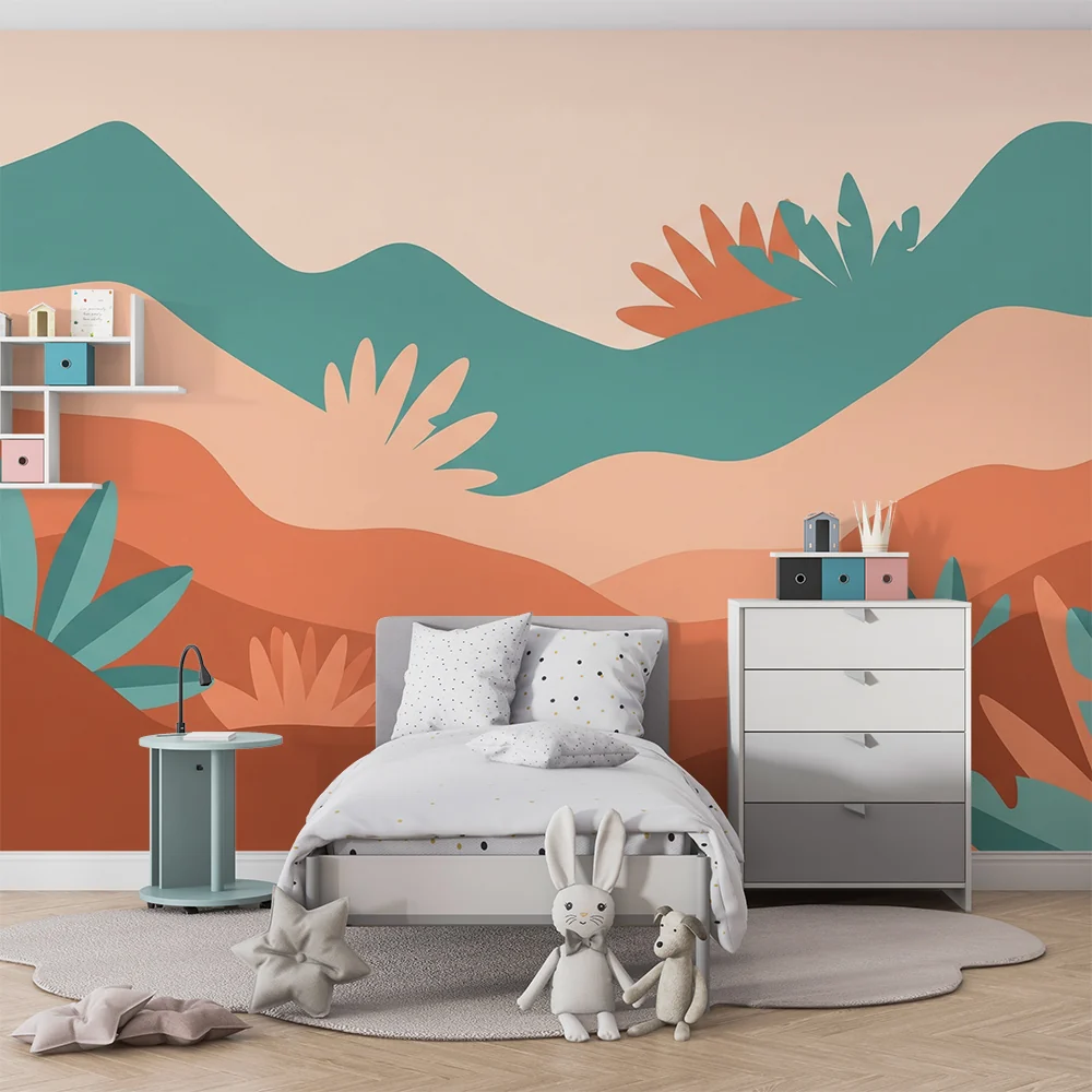 Papel de parede crianç | Abstrato paisagem com tons suaves e vegetação estilizada