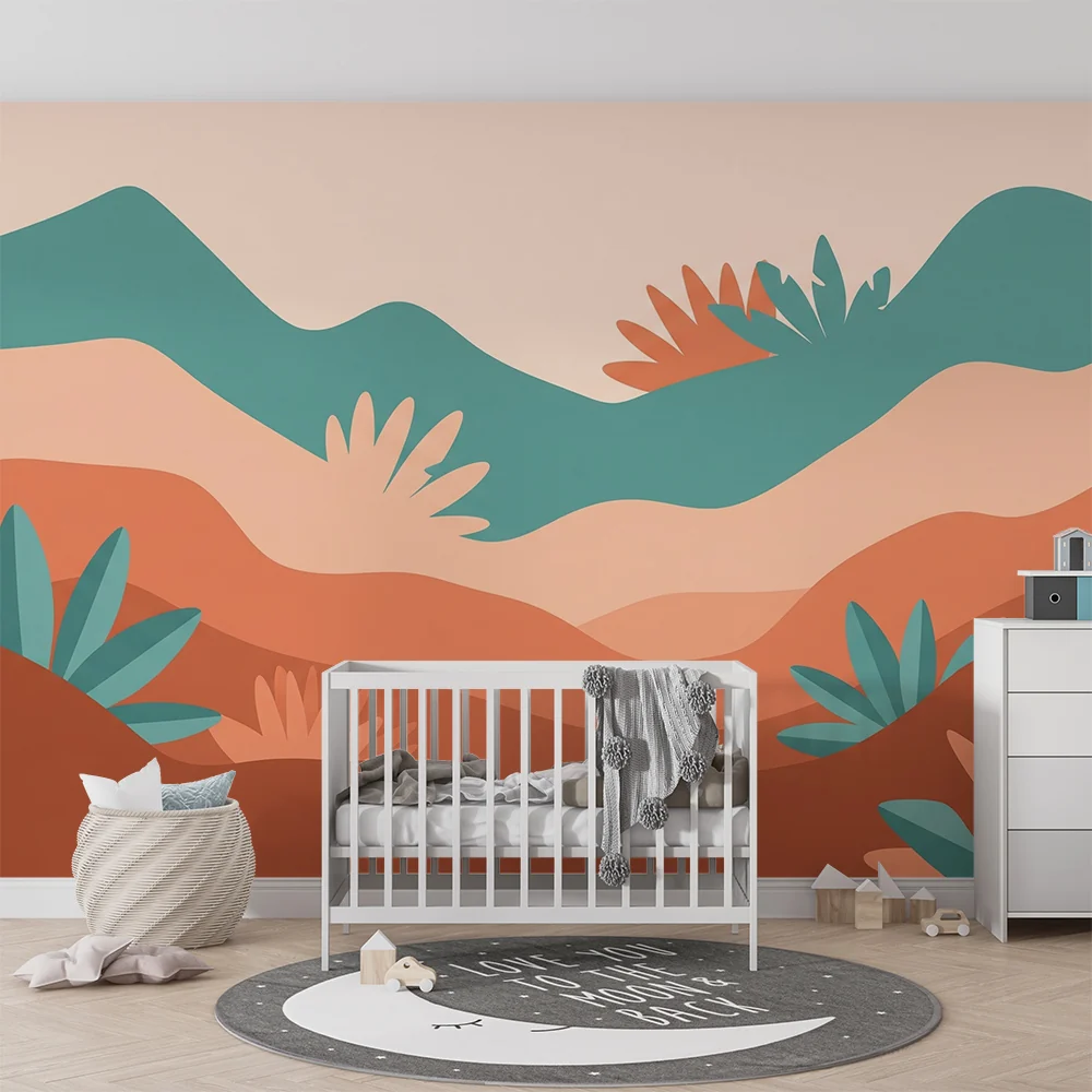Papel de parede crianç | Abstrato paisagem com tons suaves e vegetação estilizada
