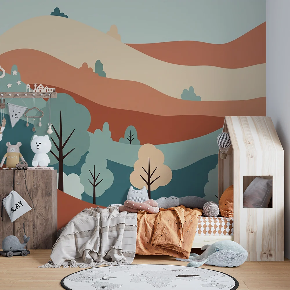 Papel de parede crianç | Abstrato paisagem com colinas suaves e árvores estilizadas