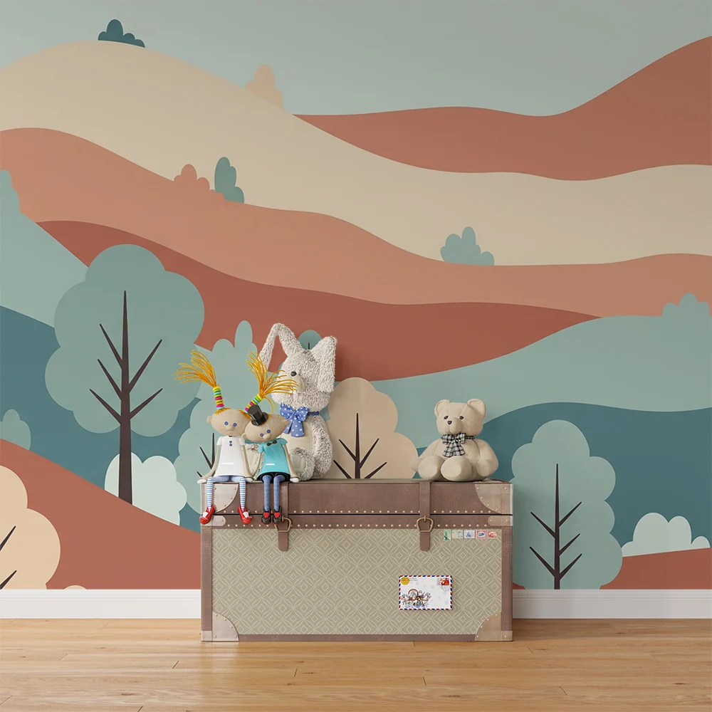 Papel de parede crianç | Abstrato paisagem com colinas suaves e árvores estilizadas