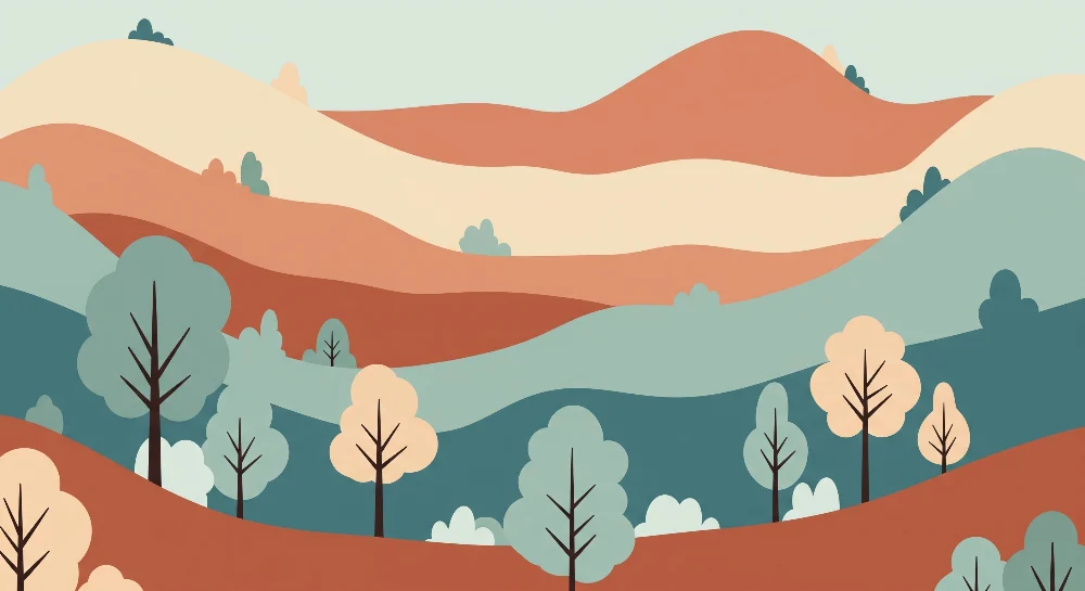 Papel de parede crianç | Abstrato paisagem com colinas suaves e árvores estilizadas