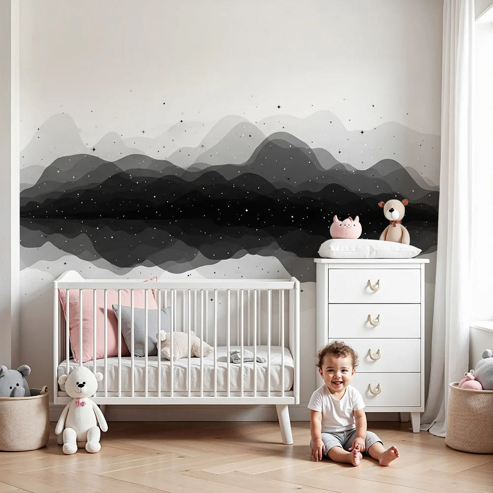 Papel de parede crianç | Abstrato paisagem em preto e branco com estrelas cintilantes