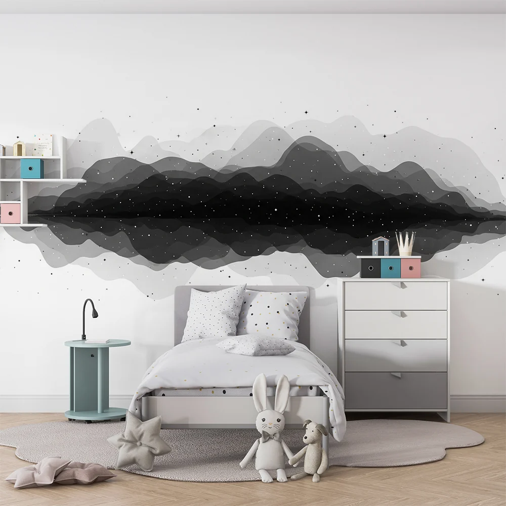 Papel de parede crianç | Abstrato paisagem em preto e branco com estrelas cintilantes