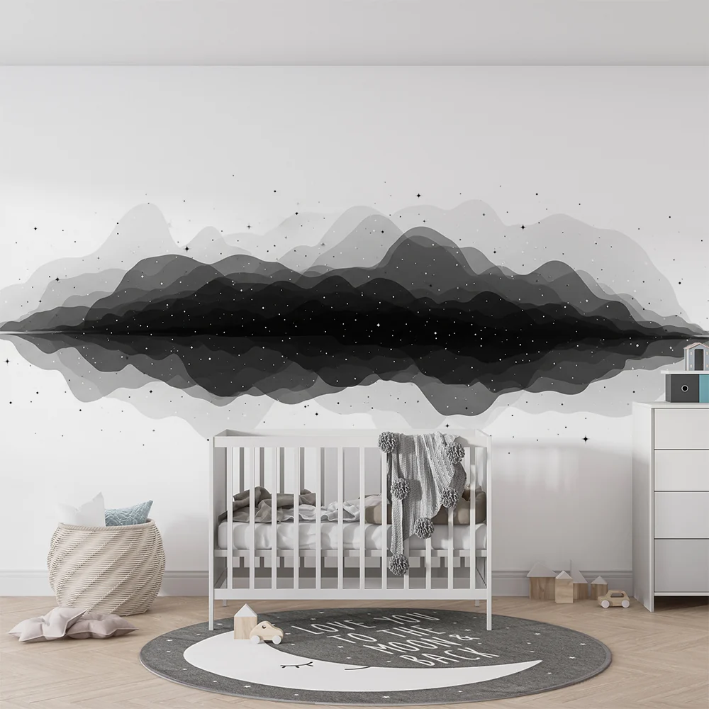 Papel de parede crianç | Abstrato paisagem em preto e branco com estrelas cintilantes