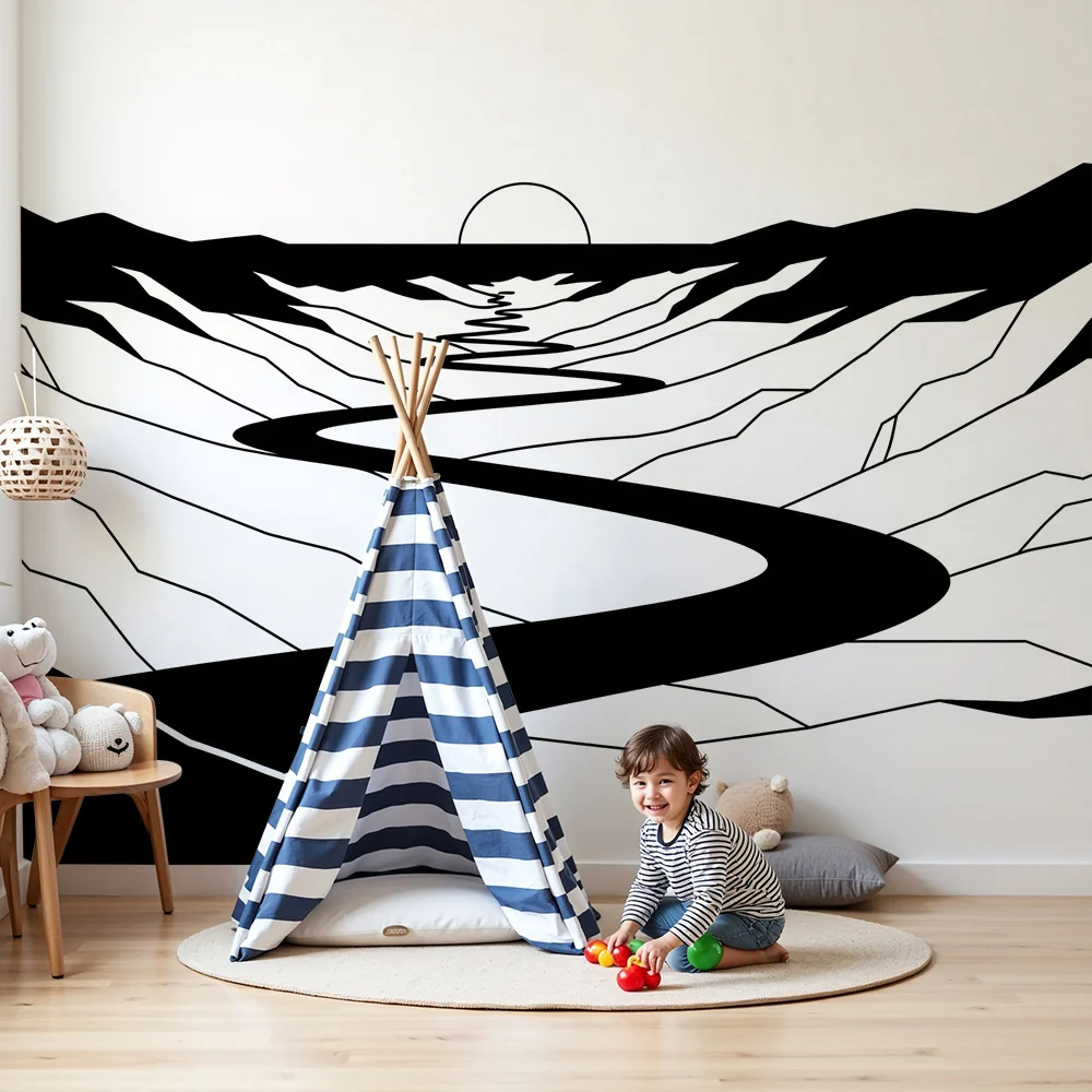 Papel de parede crianç | Abstrato paisagem em preto e branco com rio sinuoso