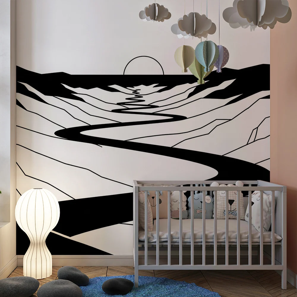 Papel de parede crianç | Abstrato paisagem em preto e branco com rio sinuoso