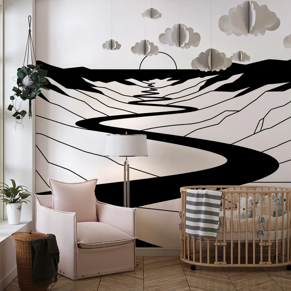 Papel de parede crianç | Abstrato paisagem em preto e branco com rio sinuoso