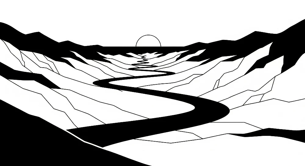 Papel de parede crianç | Abstrato paisagem em preto e branco com rio sinuoso