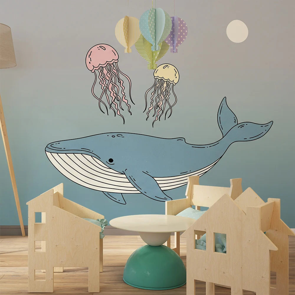 Papel de parede crianç | Alegre baleia e medusas coloridas em um oceano tranquilo