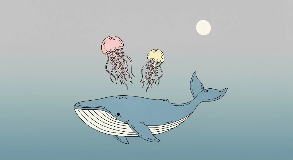 Papel de parede crianç | Alegre baleia e medusas coloridas em um oceano tranquilo