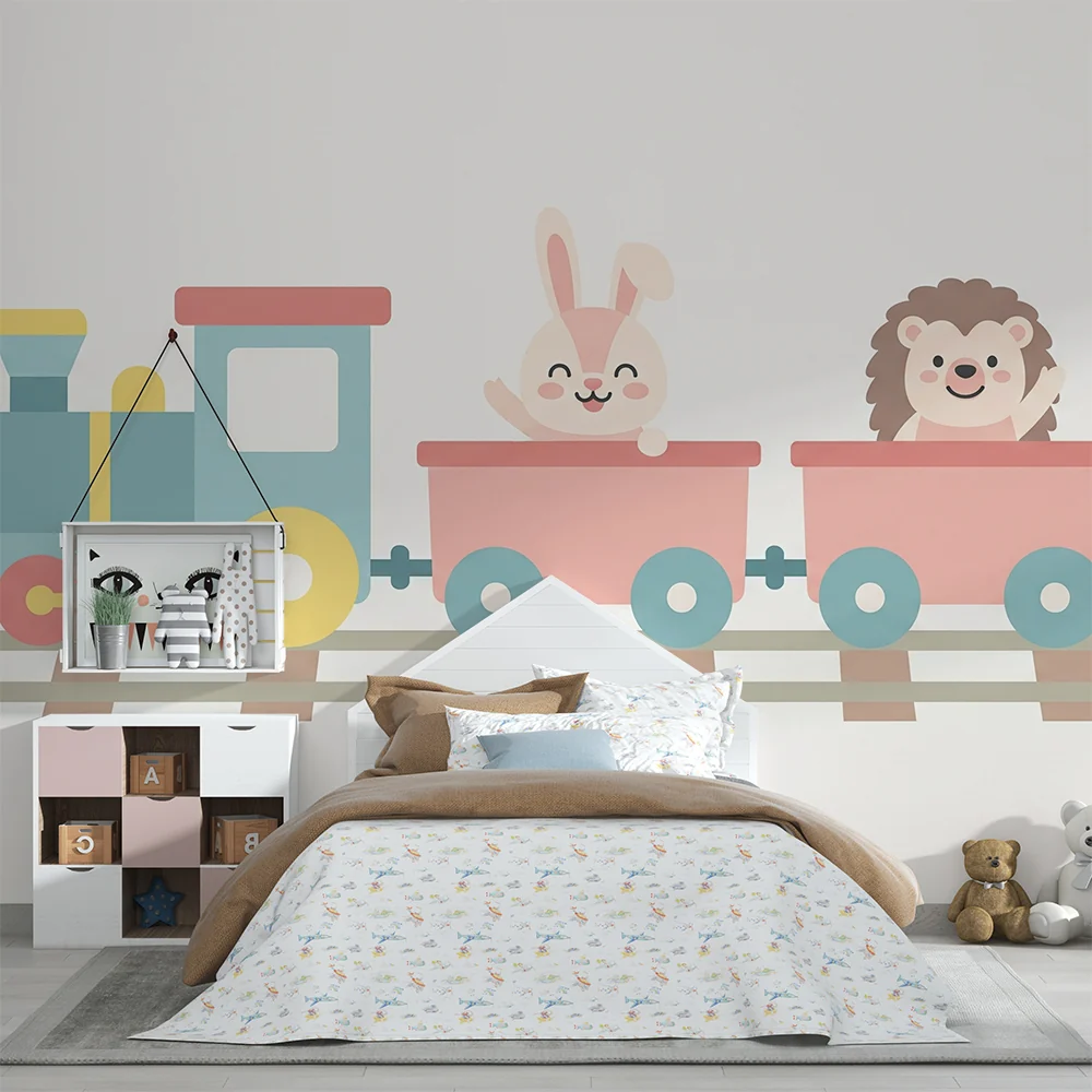 Papel de parede crianç | Alegre comboio com um coelho e um ouriço