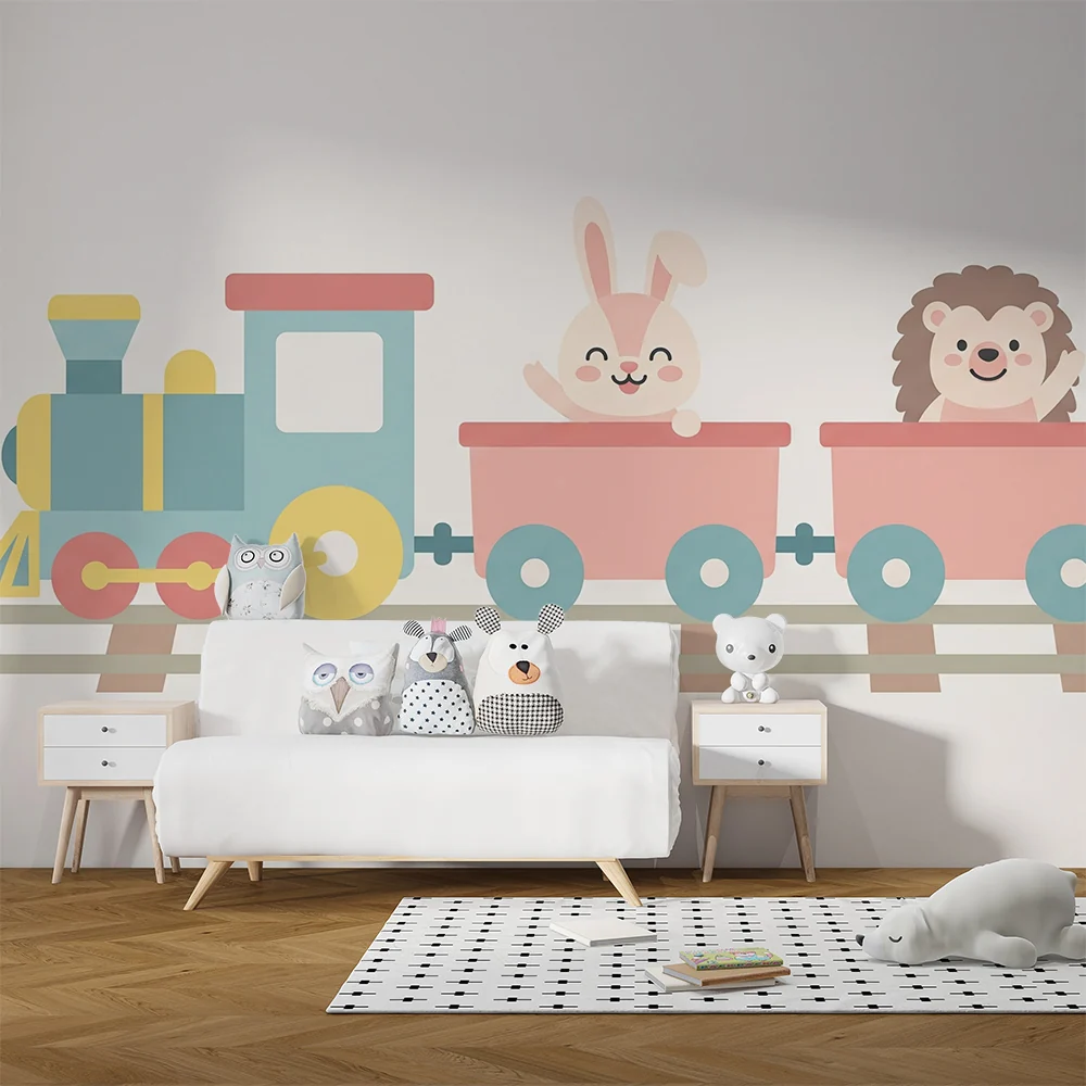 Papel de parede crianç | Alegre comboio com um coelho e um ouriço