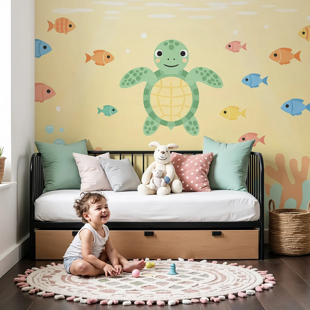Papel de parede crianç | Alegre tartaruga e peixes coloridos debaixo d'água