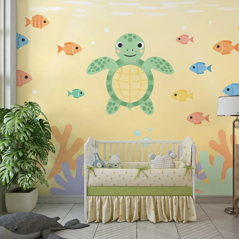 Papel de parede crianç | Alegre tartaruga e peixes coloridos debaixo d'água