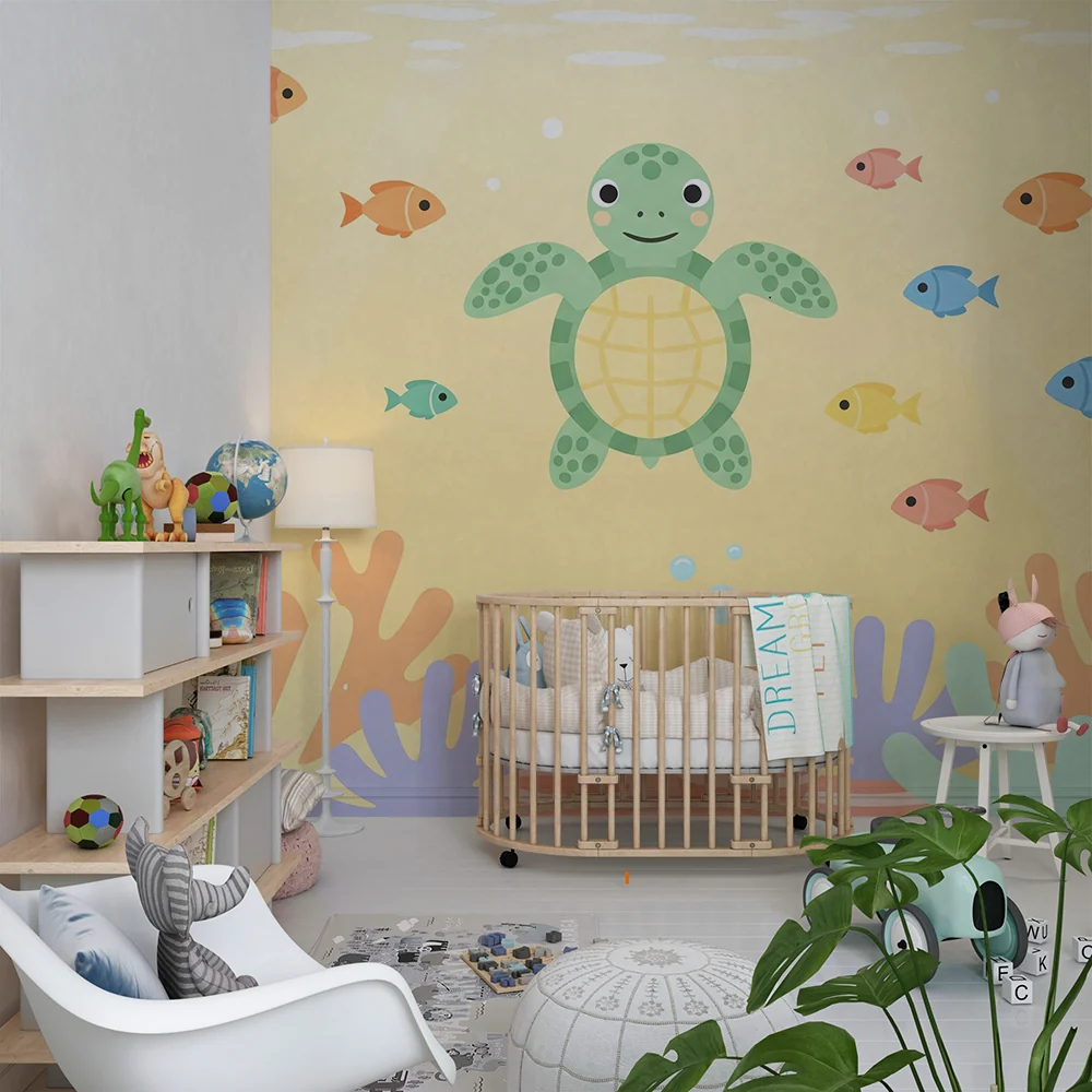 Papel de parede crianç | Alegre tartaruga e peixes coloridos debaixo d'água