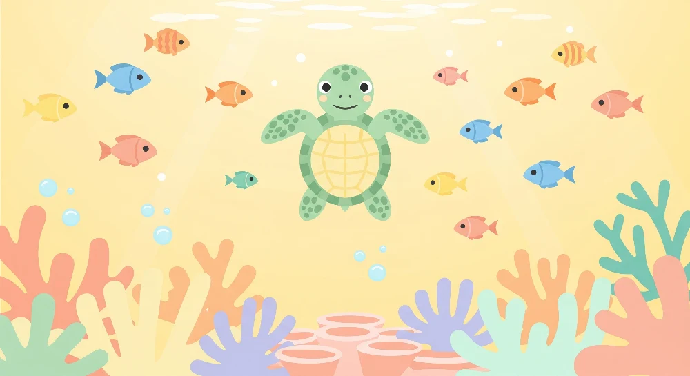 Papel de parede crianç | Alegre tartaruga e peixes coloridos debaixo d'água