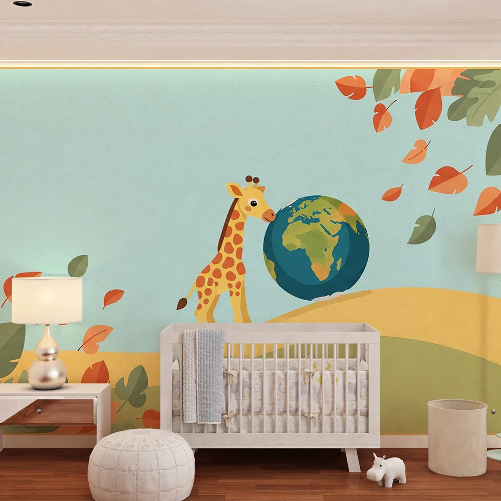 Papel de parede crianç | Amigável girafa e globo terrestre em uma paisagem colorida