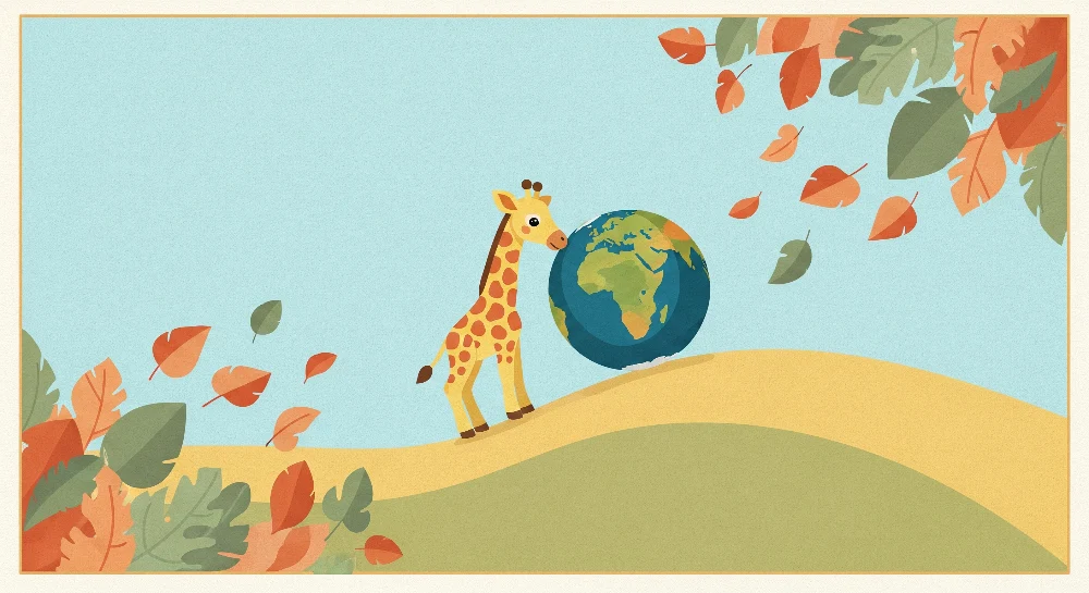 Papel de parede crianç | Amigável girafa e globo terrestre em uma paisagem colorida