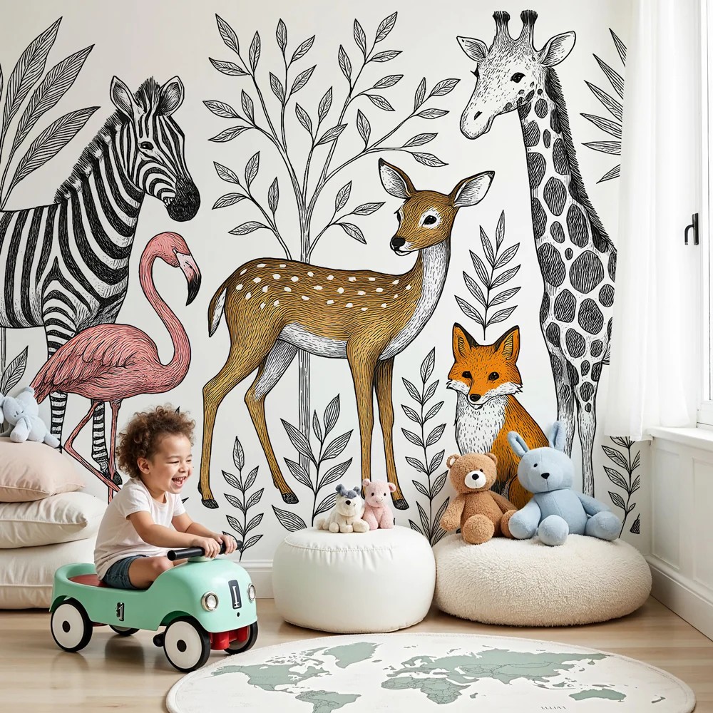 Papel de parede crianç | Animais da savana e vegetação