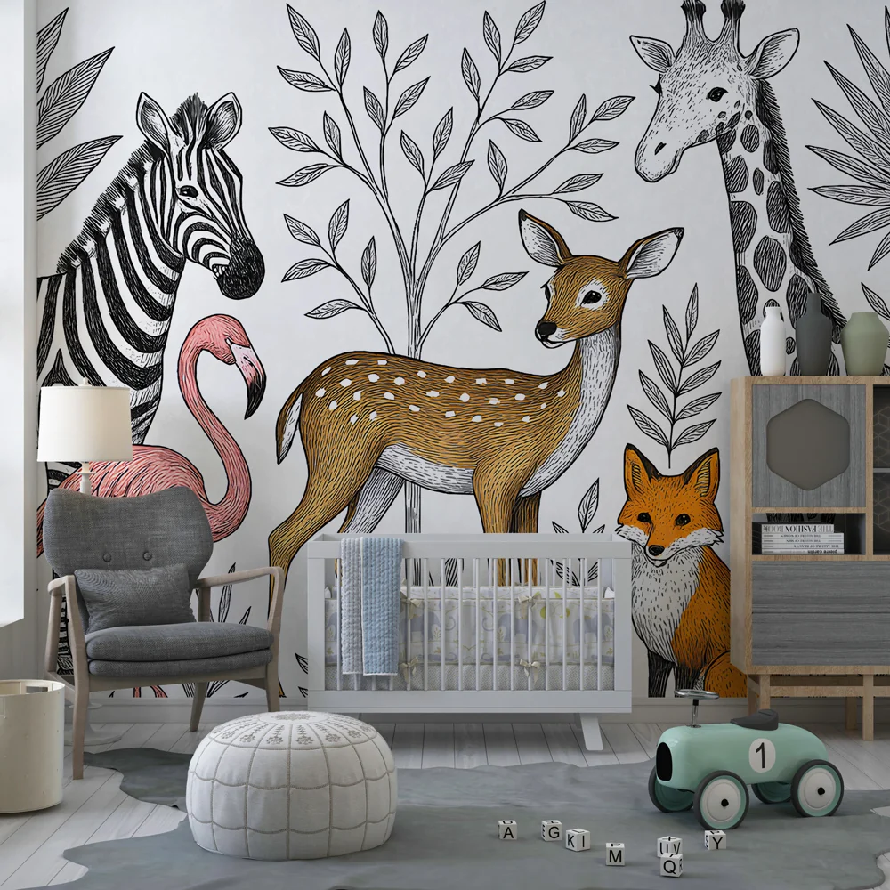 Papel de parede crianç | Animais da savana e vegetação