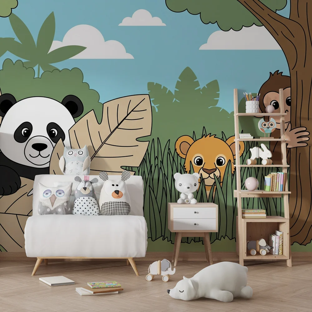 Papel de parede crianç | Animais da selva em pleno esconde-esconde