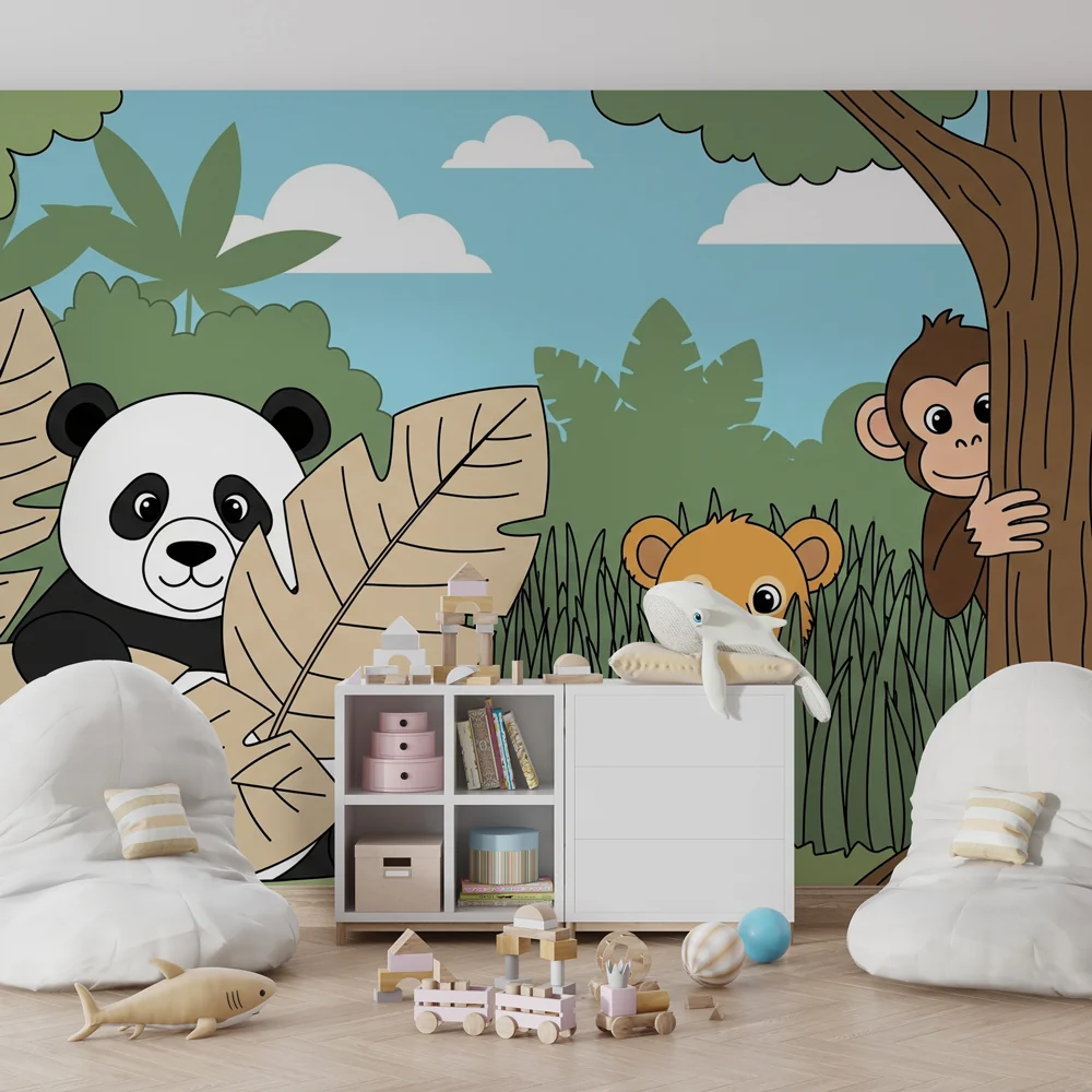 Papel de parede crianç | Animais da selva em pleno esconde-esconde