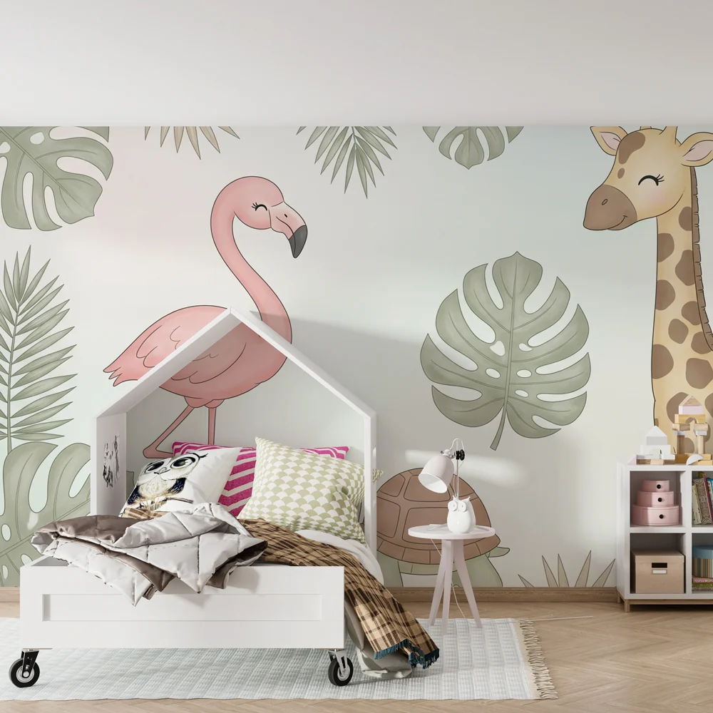Papel de parede crianç | Animais tropicais e folhagens exóticas