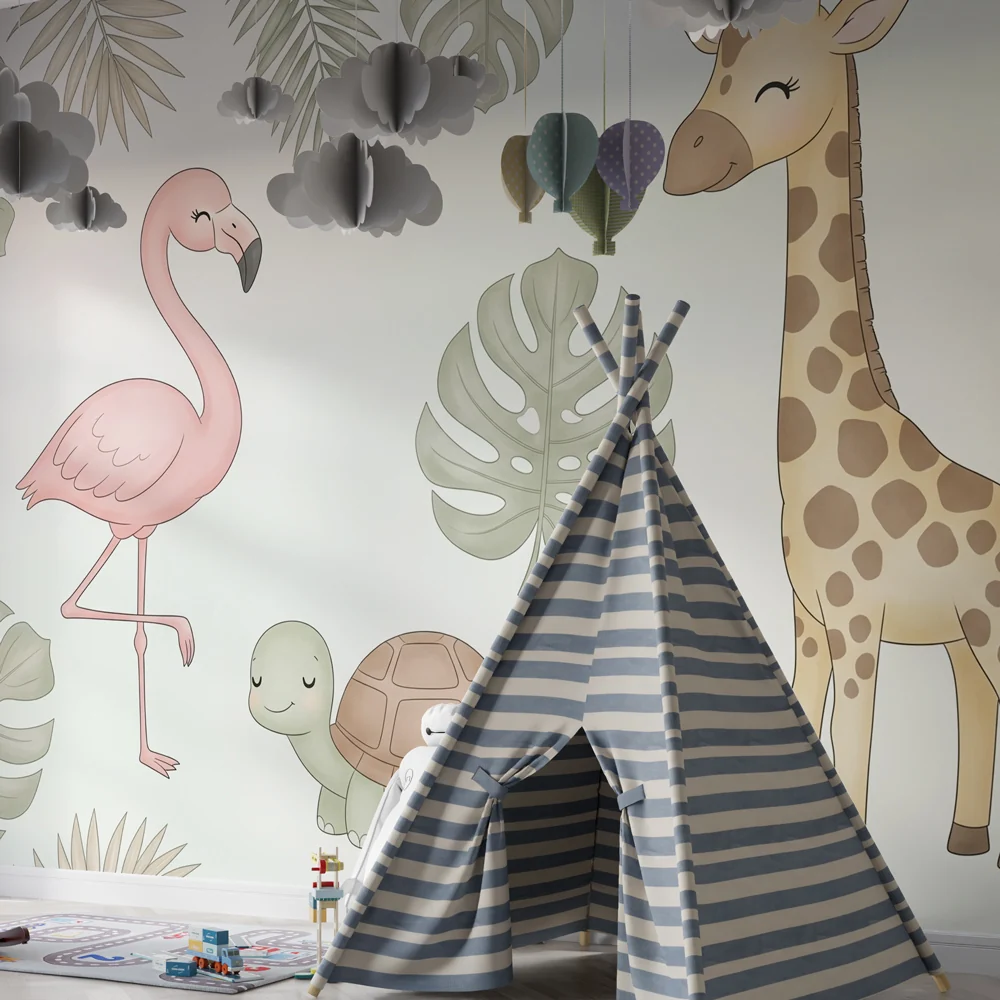 Papel de parede crianç | Animais tropicais e folhagens exóticas