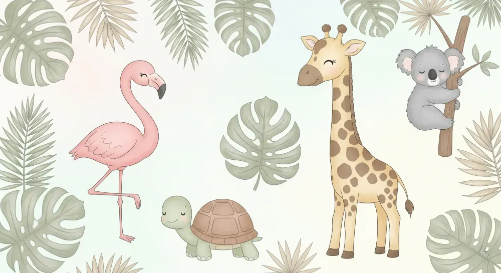 Papel de parede crianç | Animais tropicais e folhagens exóticas