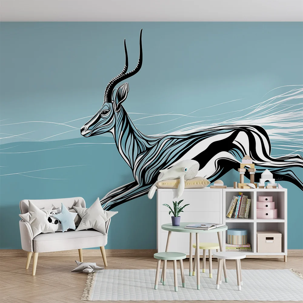 Papel de parede crianç | Antílope em movimento em fundo azul