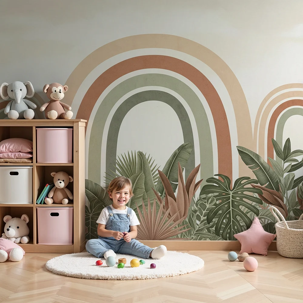 Papel de parede crianç | Arcos-íris suaves e folhagem tropical