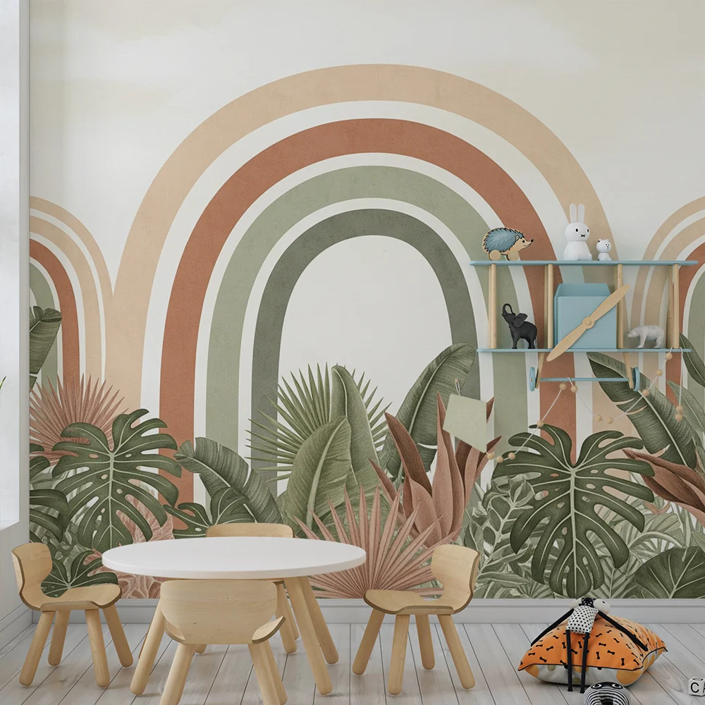 Papel de parede crianç | Arcos-íris suaves e folhagem tropical