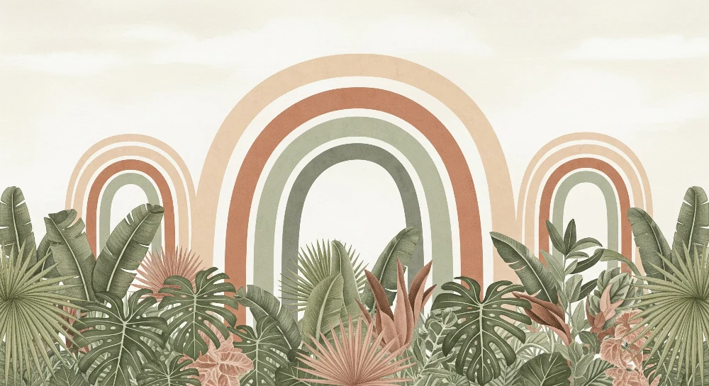 Papel de parede crianç | Arcos-íris suaves e folhagem tropical