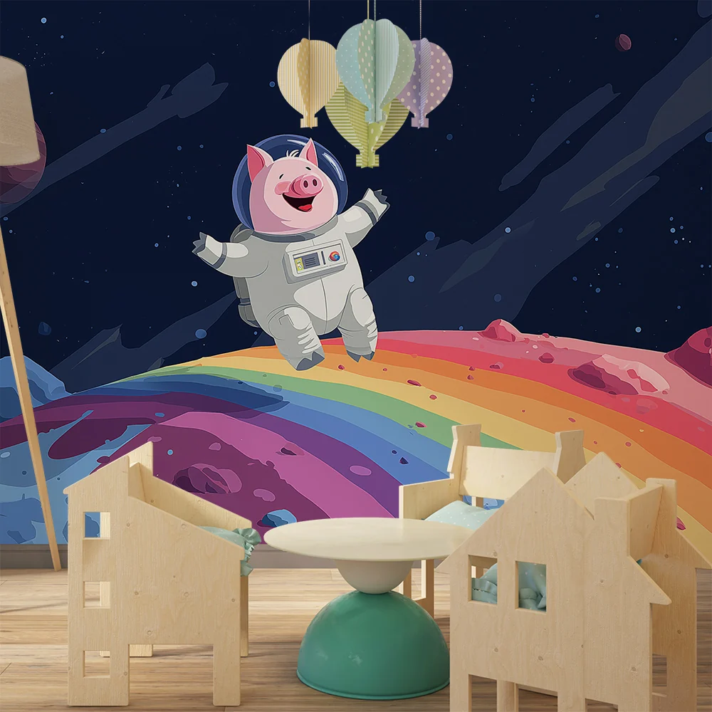 Papel de parede crianç | Astronauta porco em um arco-íris intergaláctico