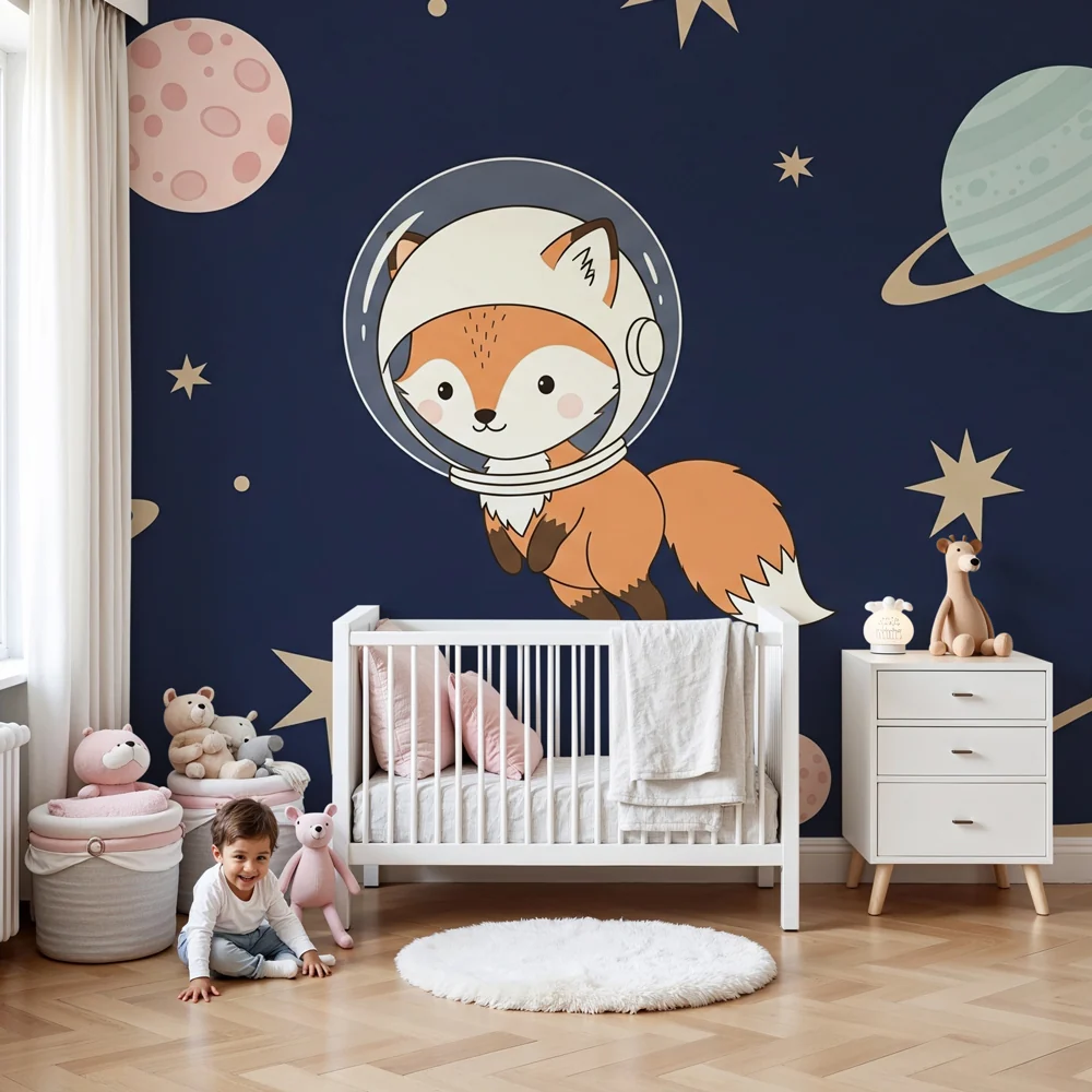 Papel de parede crianç | Astronauta de raposa no espaço