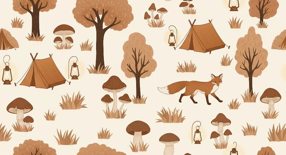 Papel de parede crianç | Aventura na floresta com raposa e tendas
