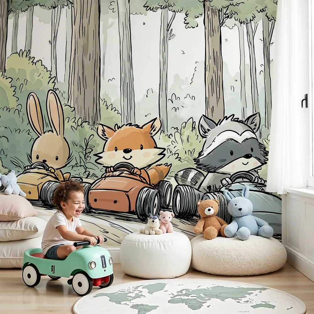 Papel de parede crianç | Aventura na floresta com animais em karting
