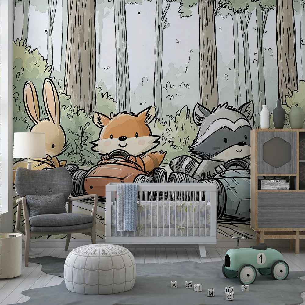 Papel de parede crianç | Aventura na floresta com animais em karting